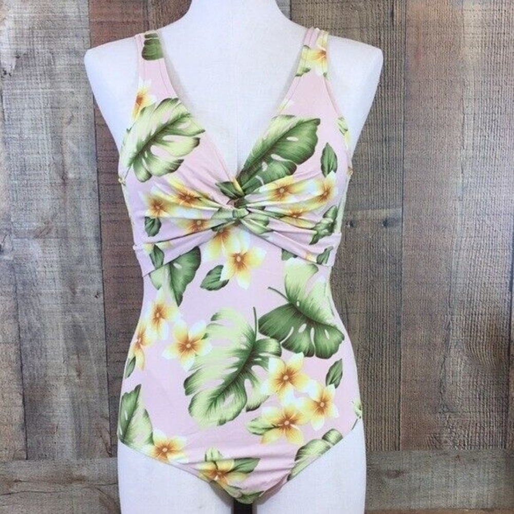 Islander Pink‎ Green Floral One Piece Swimsuit Size 8 Twisted Ruched Front